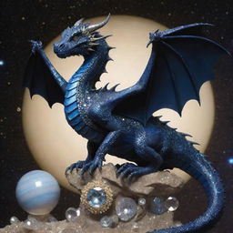 A dark blue dragon perching on top of Saturn, surrounded by gleaming gems, breathes out a magnificent burst of sparkling diamonds