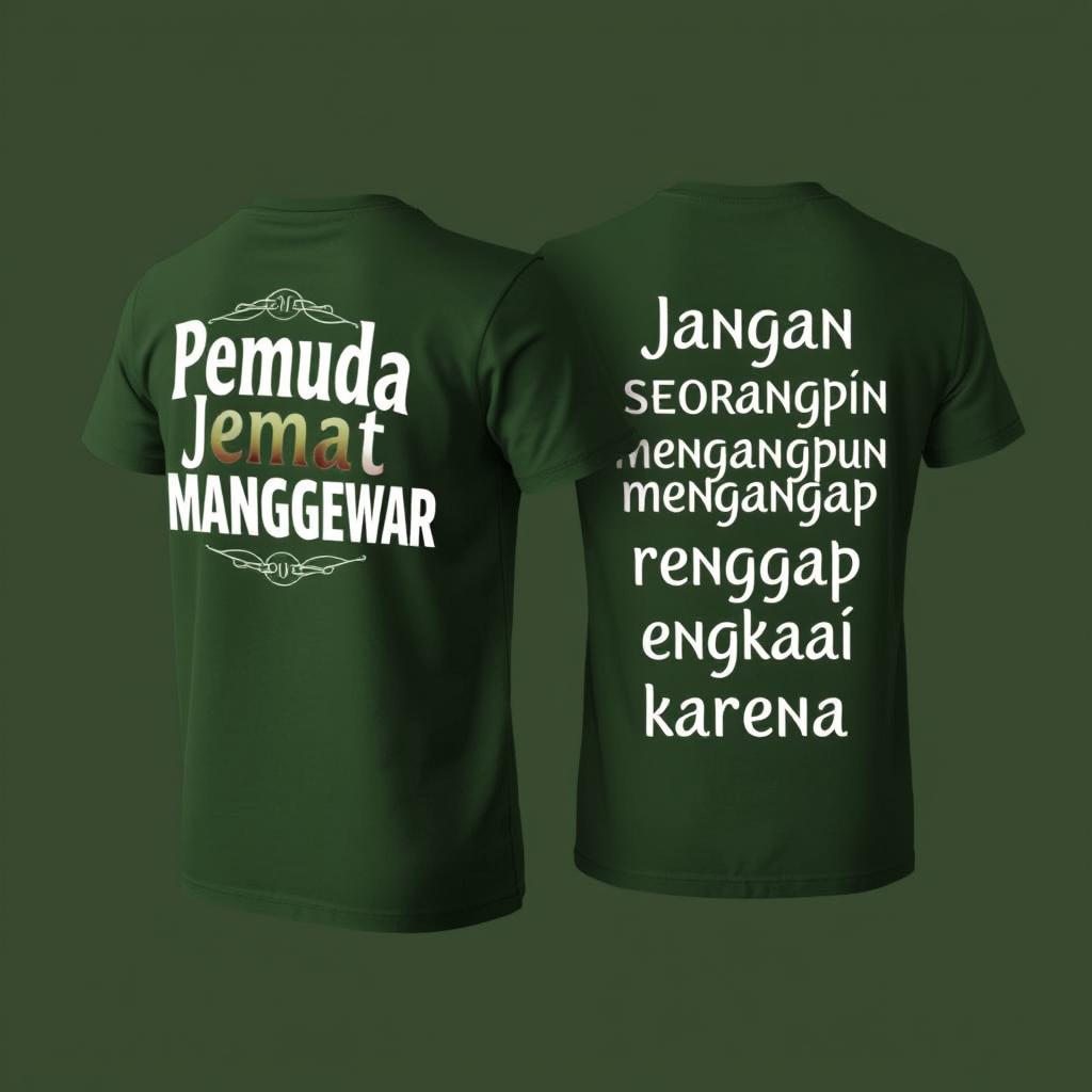 A green army t-shirt featuring unique designs and text