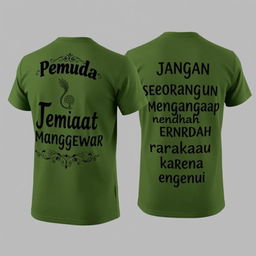 A green army t-shirt featuring unique designs and text