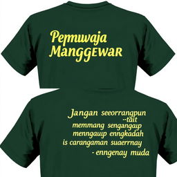 A green army t-shirt featuring unique designs and text