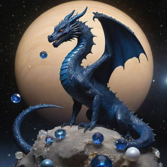 A dark blue dragon perching on top of Saturn, surrounded by gleaming gems, breathes out a magnificent burst of sparkling diamonds