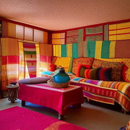 A 5m x 6m Ethiopian salon enriched with radiant cultural aesthetics, vibrant colors, and traditional Ethiopian decor.