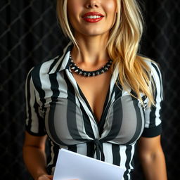 A close-up torso shot of a gorgeous female referee with blonde hair