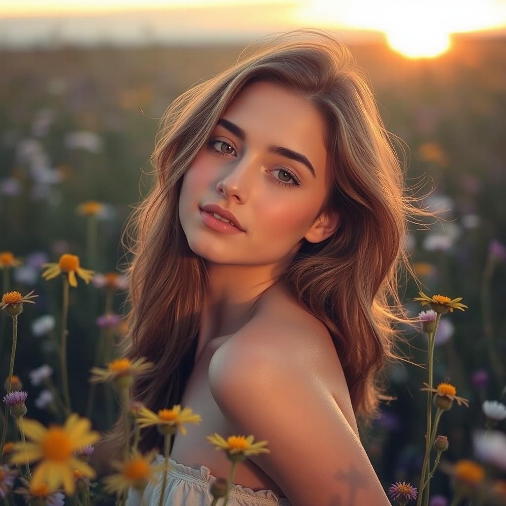 A young woman posing gracefully amidst a field of wildflowers, exuding confidence and natural beauty