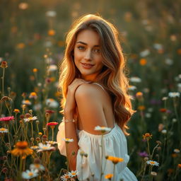 A young woman posing gracefully amidst a field of wildflowers, exuding confidence and natural beauty