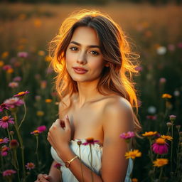 A young woman posing gracefully amidst a field of wildflowers, exuding confidence and natural beauty
