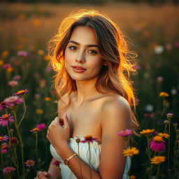 A young woman posing gracefully amidst a field of wildflowers, exuding confidence and natural beauty