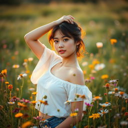 A young woman posing gracefully amidst a field of wildflowers, exuding confidence and natural beauty