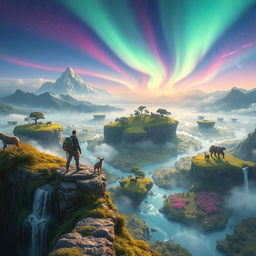 A surreal adventure in a transcendent world, featuring floating islands with lush greenery and cascading waterfalls, crystal-clear rivers winding through vibrant landscapes, and ethereal creatures roaming peacefully