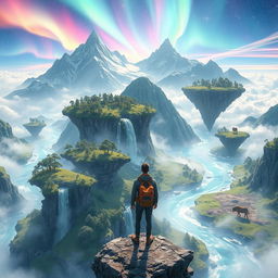 A surreal adventure in a transcendent world, featuring floating islands with lush greenery and cascading waterfalls, crystal-clear rivers winding through vibrant landscapes, and ethereal creatures roaming peacefully