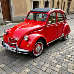 A stunning image of a Citroën 2CV reborn as a restomod with a sleek red and cherry two-tone paint scheme