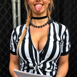 Close-up torso shot of a gorgeous female referee with blonde hair