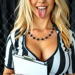 Close-up torso shot of a gorgeous female referee with blonde hair