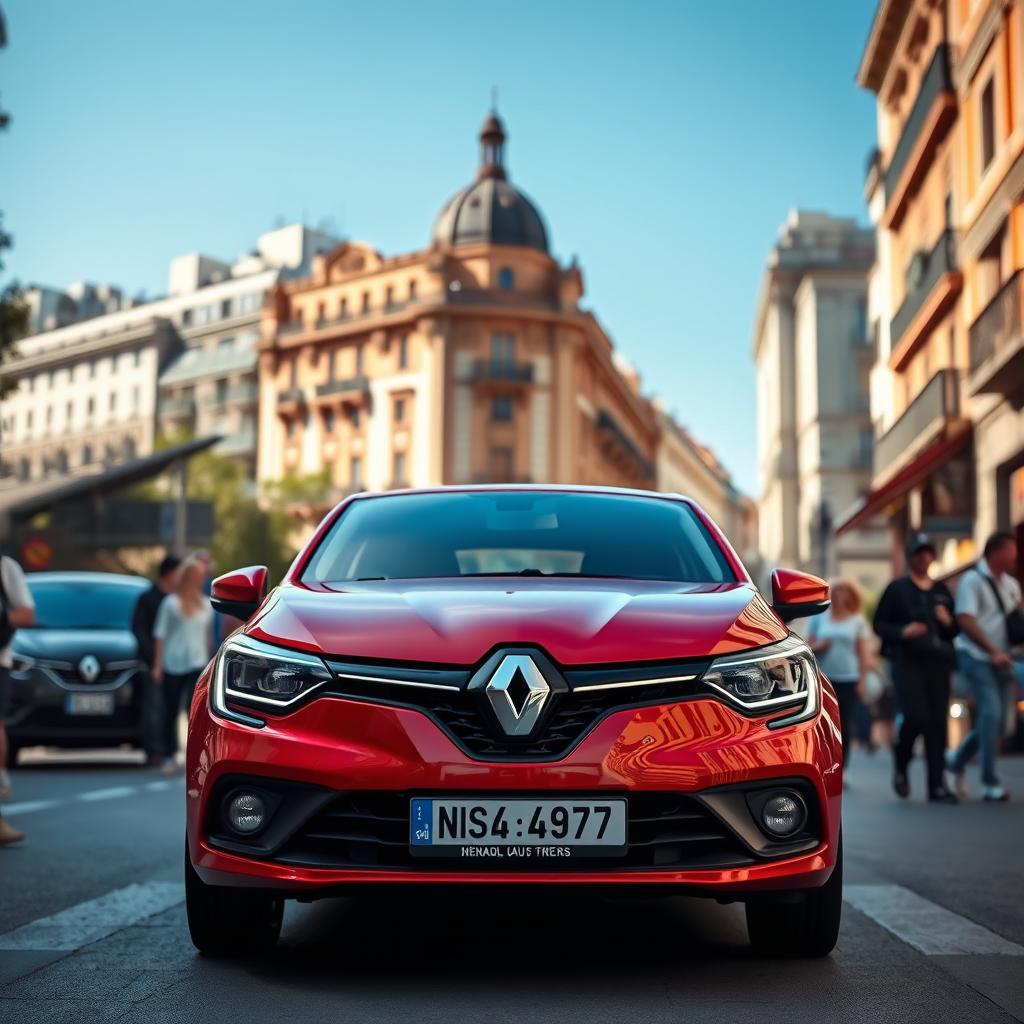 A red Renault 19 car parked on a street in Madrid, surrounded by the vibrant city life