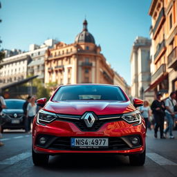 A red Renault 19 car parked on a street in Madrid, surrounded by the vibrant city life