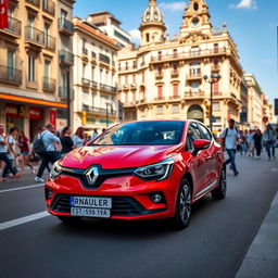 A red Renault 19 car parked on a street in Madrid, surrounded by the vibrant city life