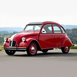 A beautifully restored Citroën 2CV with a red and cherry two-tone paint scheme, embodying a restomod aesthetic