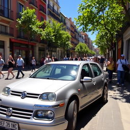 A 2003 Volkswagen Golf parked on a charming street in Madrid