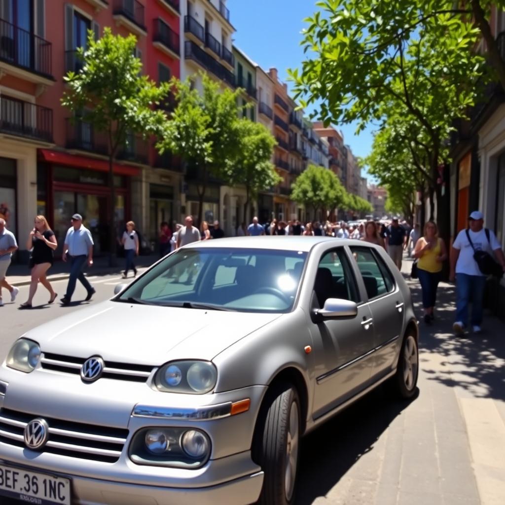 A 2003 Volkswagen Golf parked on a charming street in Madrid