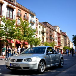 A 2003 Volkswagen Golf parked on a charming street in Madrid