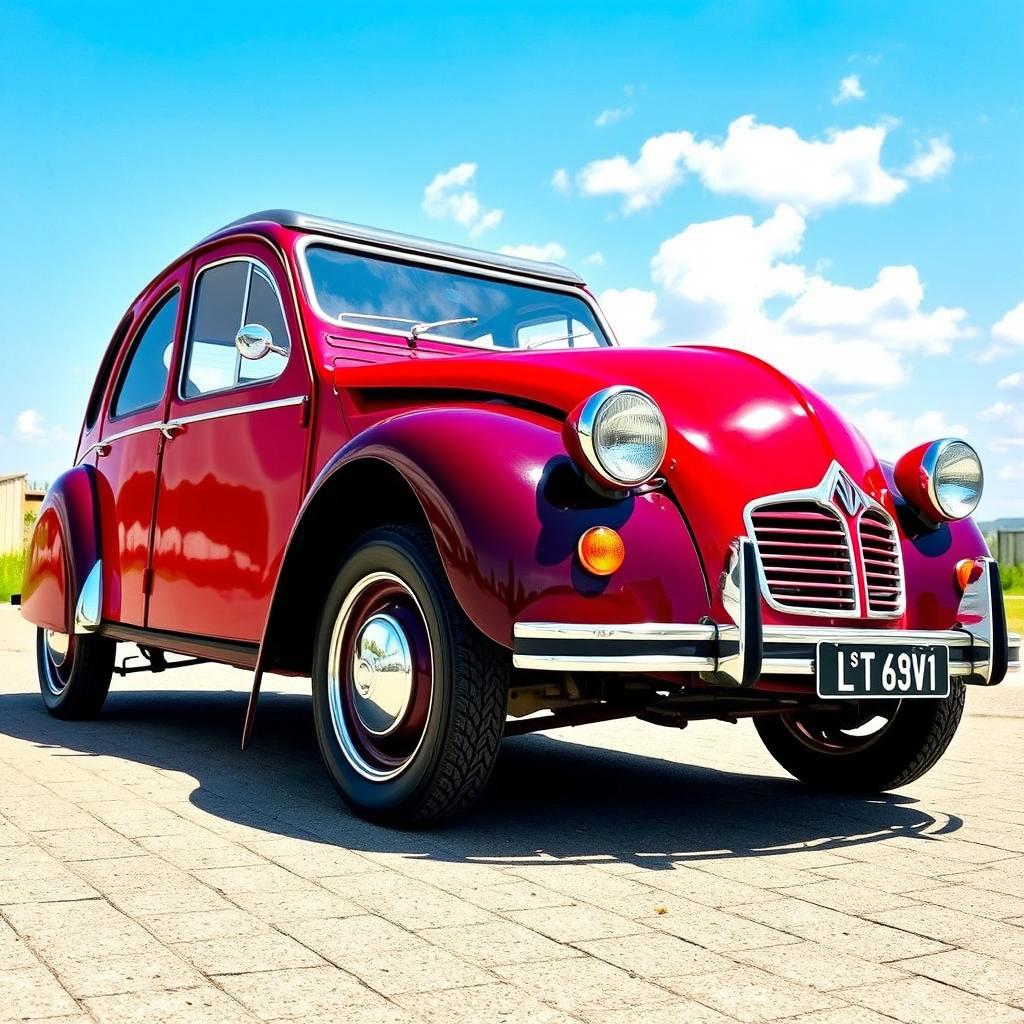 A classic Citroen 2CV car with a stunning red and cherry two-tone paint scheme