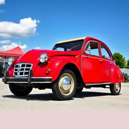 A classic Citroen 2CV car with a stunning red and cherry two-tone paint scheme