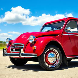 A classic Citroen 2CV car with a stunning red and cherry two-tone paint scheme