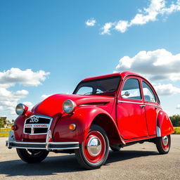 A classic Citroen 2CV car with a stunning red and cherry two-tone paint scheme