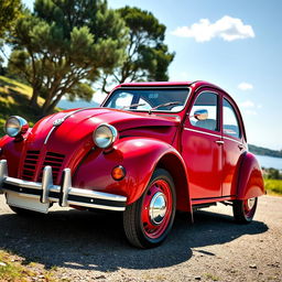 A beautifully restored Citroen 2CV with a vivid red and cherry paint job, capturing the essence of classic automotive design