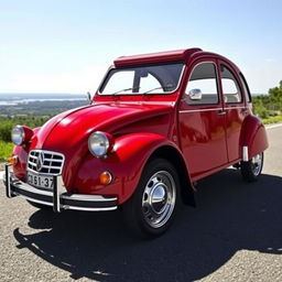 A beautifully restored Citroen 2CV with a vivid red and cherry paint job, capturing the essence of classic automotive design