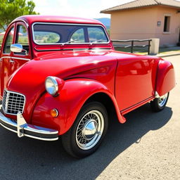 A beautifully restored Citroen 2CV with a vivid red and cherry paint job, capturing the essence of classic automotive design