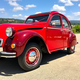 A beautifully restored Citroen 2CV with a vivid red and cherry paint job, capturing the essence of classic automotive design