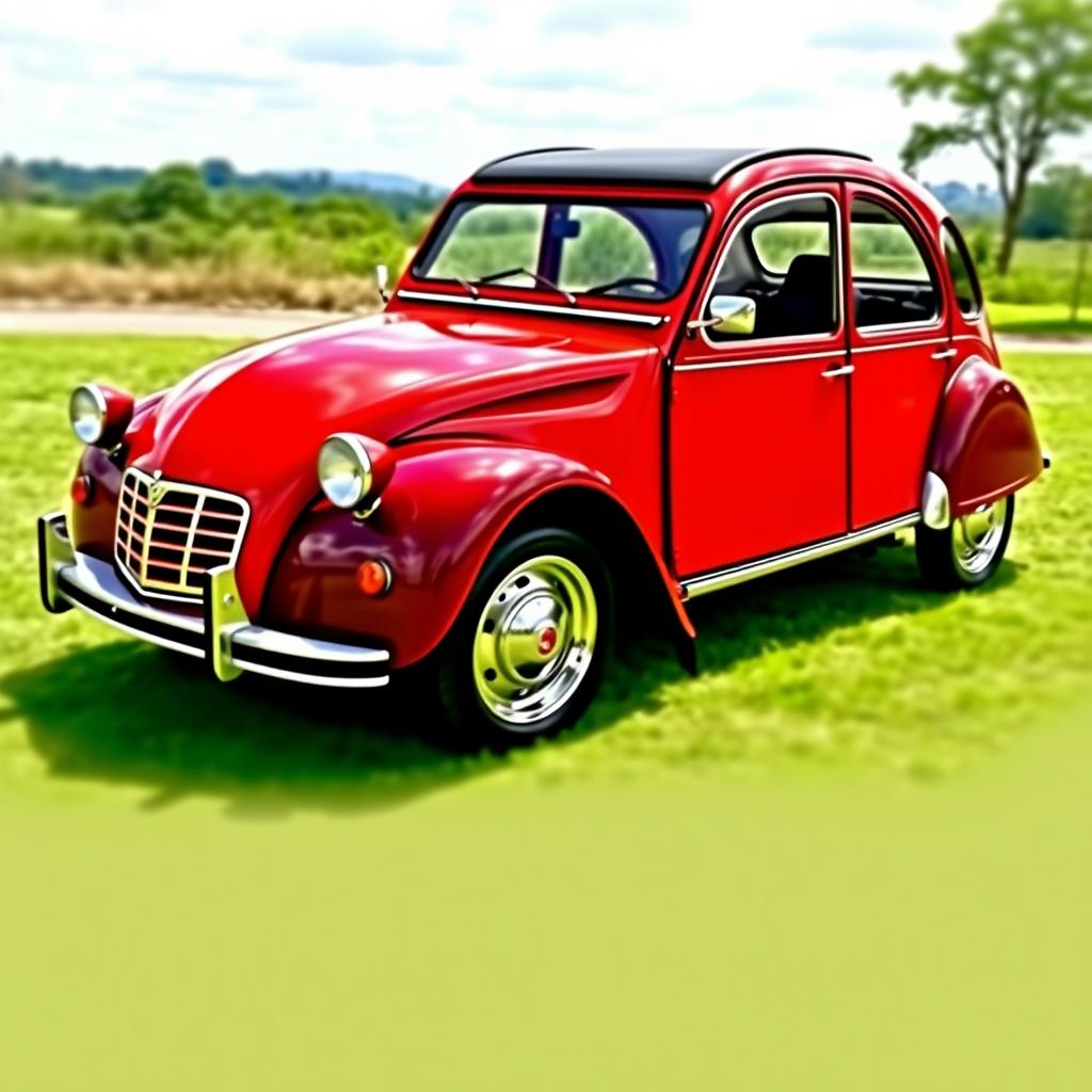 A beautifully restored Citroen 2CV featuring a striking red and cherry paint job, emphasizing its classic yet revitalized design