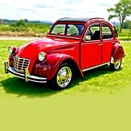 A beautifully restored Citroen 2CV featuring a striking red and cherry paint job, emphasizing its classic yet revitalized design