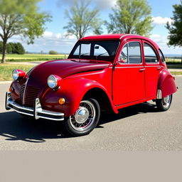 A beautifully restored Citroen 2CV featuring a striking red and cherry paint job, emphasizing its classic yet revitalized design