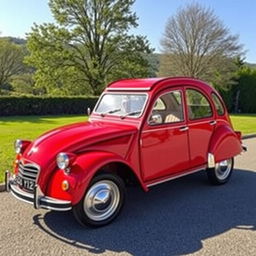 A beautifully restored Citroen 2CV featuring a striking red and cherry paint job, emphasizing its classic yet revitalized design