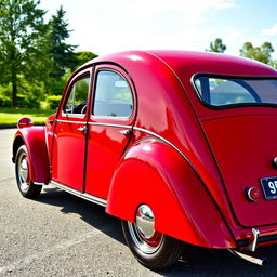 A beautifully restored Citroen 2CV featuring a striking red and cherry paint job, emphasizing its classic yet revitalized design