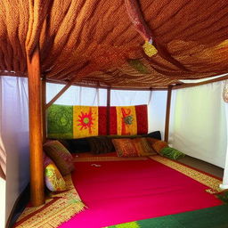 A 5m x 6m Ethiopian salon enriched with radiant cultural aesthetics, vibrant colors, and traditional Ethiopian decor.