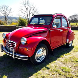 A classic Citroen 2CV adorned with an eye-catching red and cherry paint job that highlights its vintage character