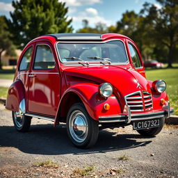 A classic Citroen 2CV adorned with an eye-catching red and cherry paint job that highlights its vintage character