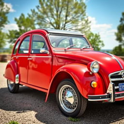 A classic Citroen 2CV adorned with an eye-catching red and cherry paint job that highlights its vintage character