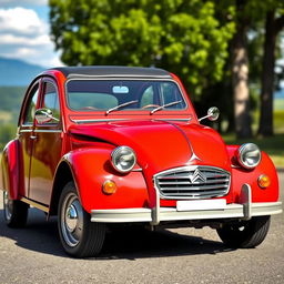 A classic Citroen 2CV adorned with an eye-catching red and cherry paint job that highlights its vintage character