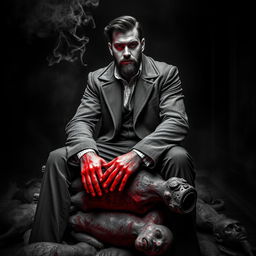 A chilling black and white scene in a dark, eerie room featuring a young mafia man with a beard sitting with style on a stack of dead bodies