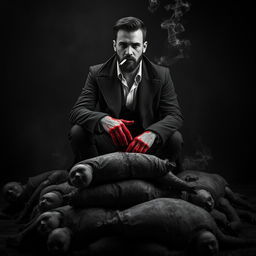 A chilling black and white scene in a dark, eerie room featuring a young mafia man with a beard sitting with style on a stack of dead bodies