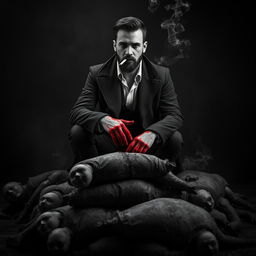 A chilling black and white scene in a dark, eerie room featuring a young mafia man with a beard sitting with style on a stack of dead bodies