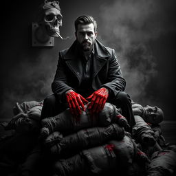 A chilling black and white scene in a dark, eerie room featuring a young mafia man with a beard sitting with style on a stack of dead bodies