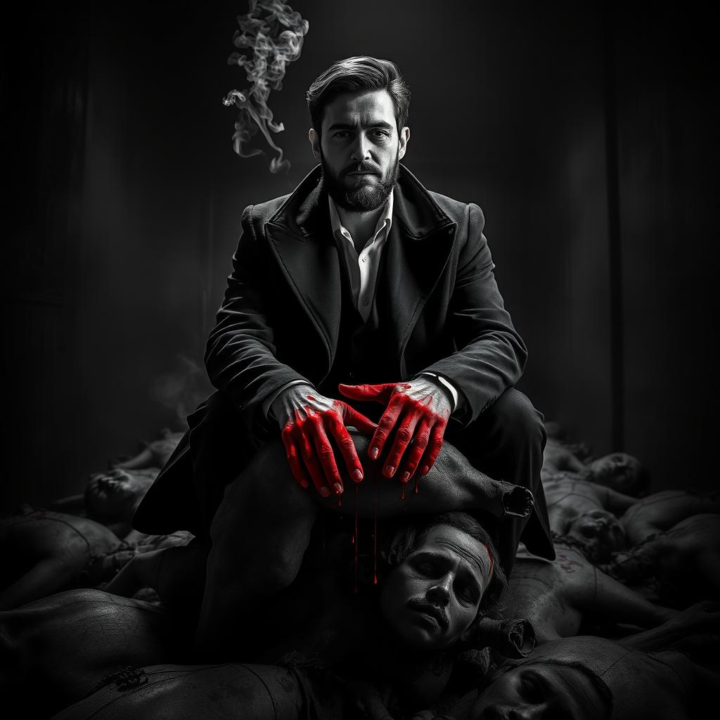 A chilling black and white scene in a dark, eerie room featuring a young mafia man with a beard sitting with style on a stack of dead bodies