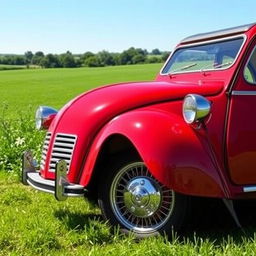 A charming red Citroën 2CV with cherry-colored paint and chrome wire-spoked wheels