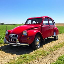 A charming red Citroën 2CV with cherry-colored paint and chrome wire-spoked wheels