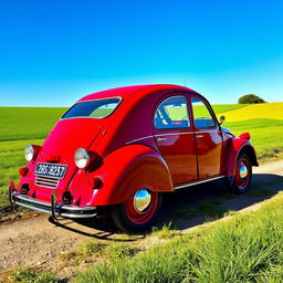 A charming red Citroën 2CV with cherry-colored paint and chrome wire-spoked wheels